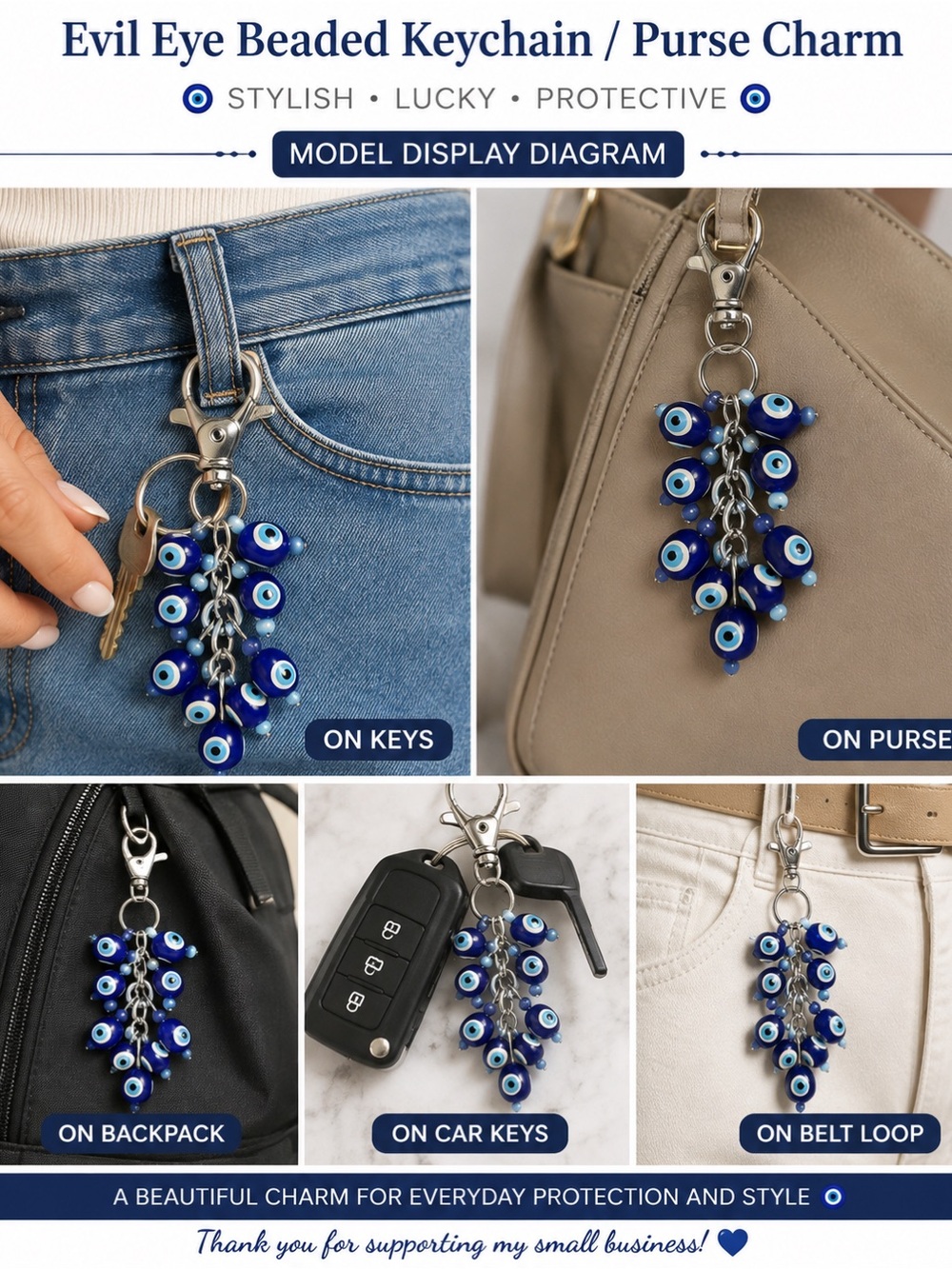 Blue Evil Eye Beaded Keychain Purse Charm Nazar Lucky Protection Lobster Clasp